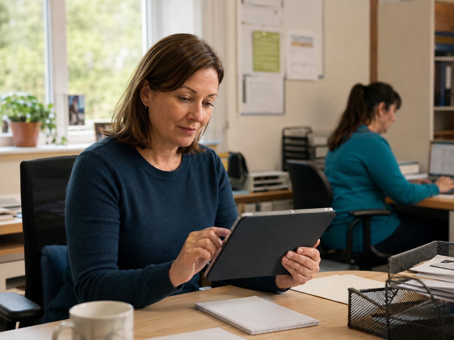 A care coordinator using a scheduling app in an office